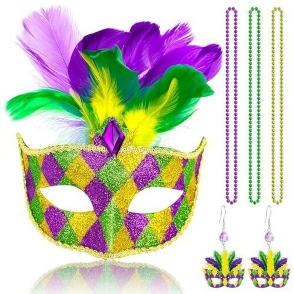 5231 5 Piece Mardi Gras Feather Mask Set Venetian Party Masks with Sequins